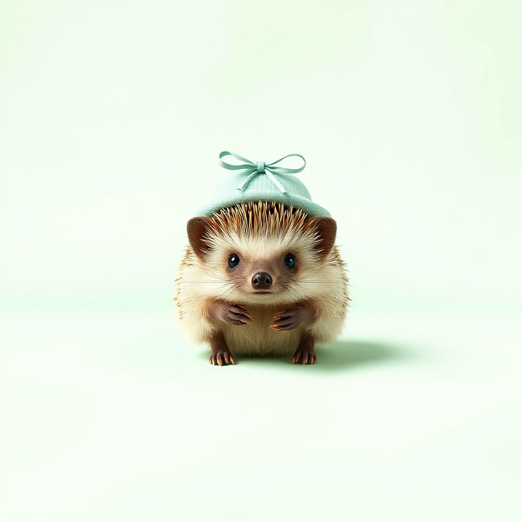 Draw a symmetrical frontal frame in the style of Wes Anderson for the A6 format. In the center is a full—length hedgehog, he stands in a calm pose, on his head is a miniature…