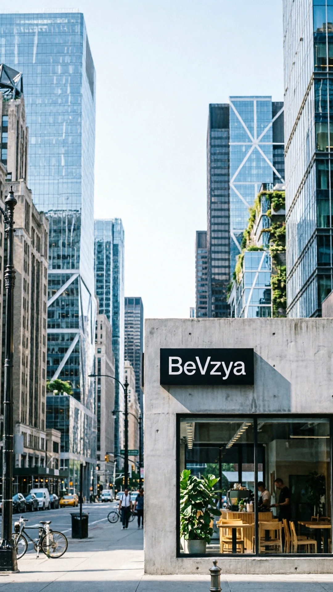 большой американский город небоскребы кафе с названием из 6 букв "BeVzya" — работа пользователя Ясный Лепесток