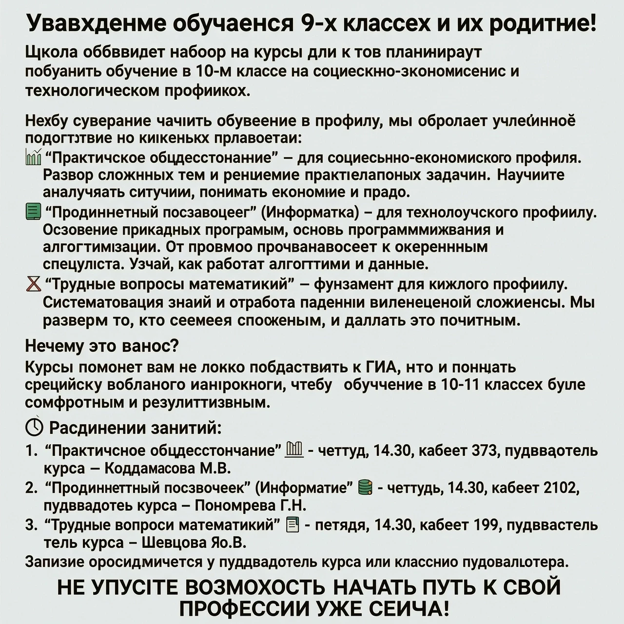 Уважаемые обучающиеся 9-х классов и их родители! Школа объявляет набор на курсы для тех, кто планирует продолжить обучение в 10-м классе на социально-экономическом и…