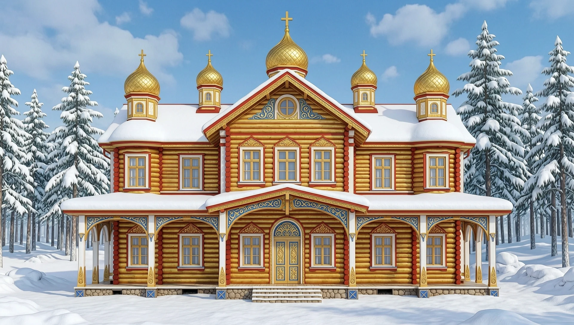 создай рисунок зд-Терем, царская усадьба, 2 этажа, построенная в русском народном сказочном стиле из круглых бревен, с купольными башенками, без крестов, с широкими боковыми…