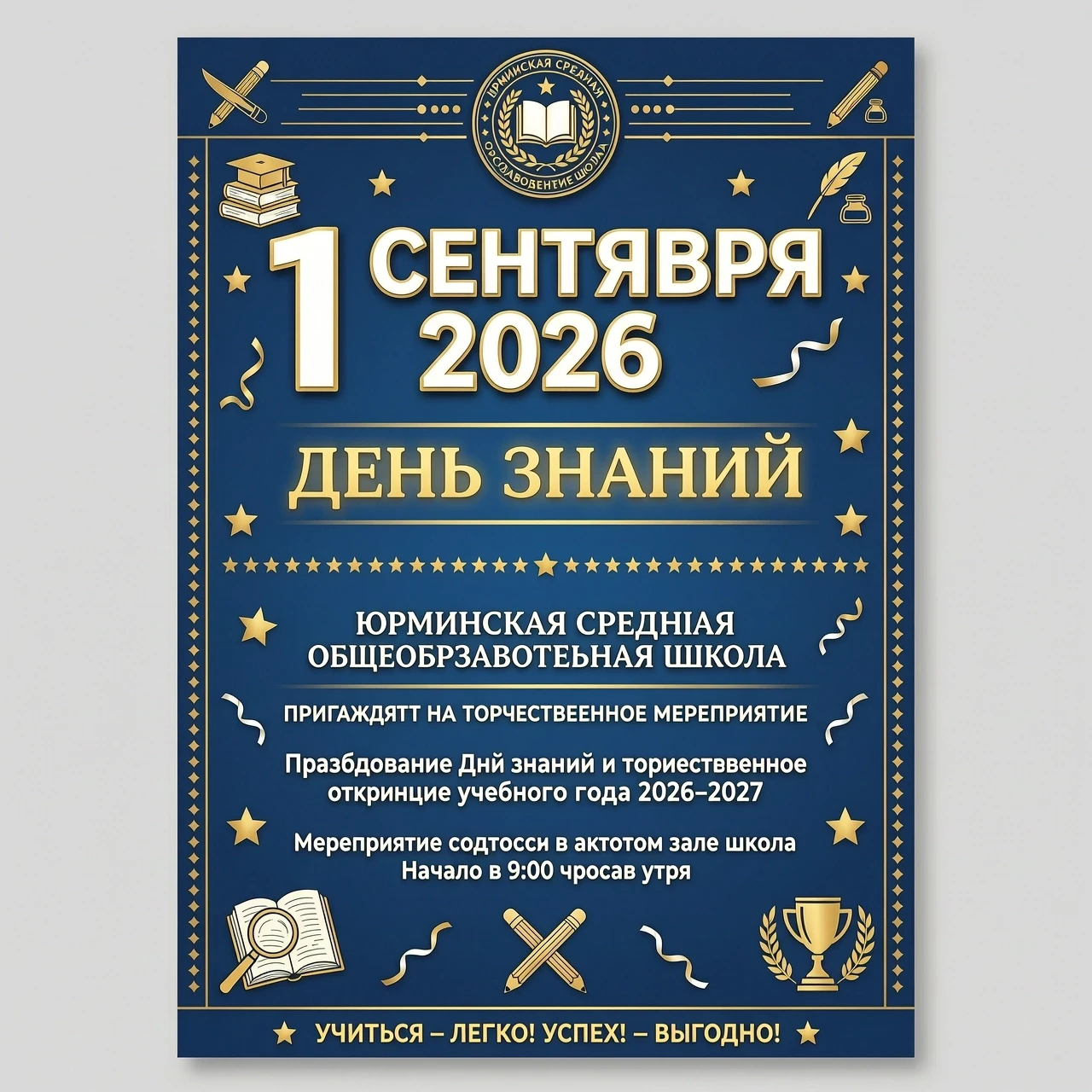 Объявление о школьном празднике 1 сентября 2026 Юрминская средняя общеобразовательная школа приглашает на торжественное мероприятие посвященное Дню Знаний — работа пользователя…