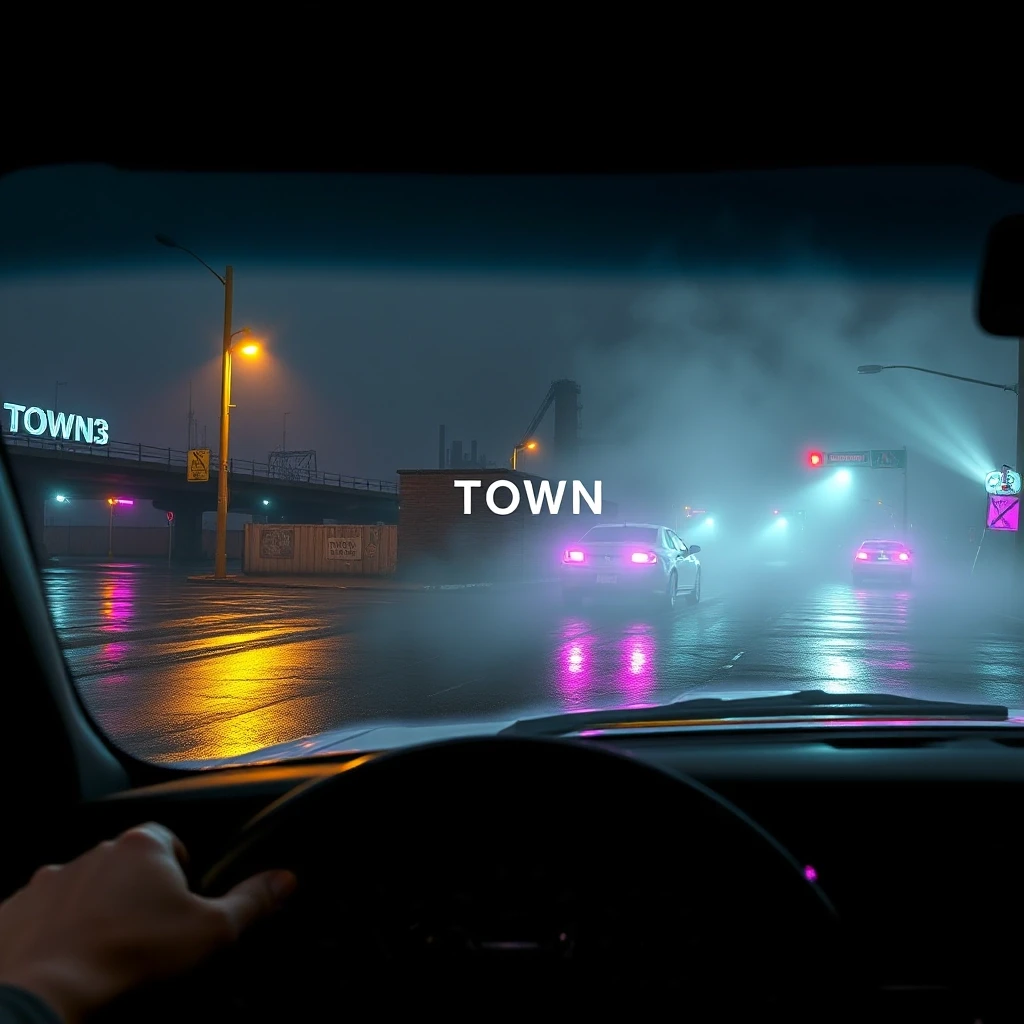 Обложка для трека «Town» сгенерирована в разрешении 1024×1024 пикселя. Визуальный ряд передает мрачную атмосферу ночного города: вид из салона затонированного маслкара, залитый…