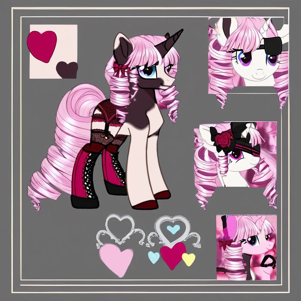 character reference sheet, rating: safe, my little pony, pony, unicorn, one horn, ivory body, soft pink two-color drill curls mane and tail, eyepatch, bows, lace, boots, thigh…