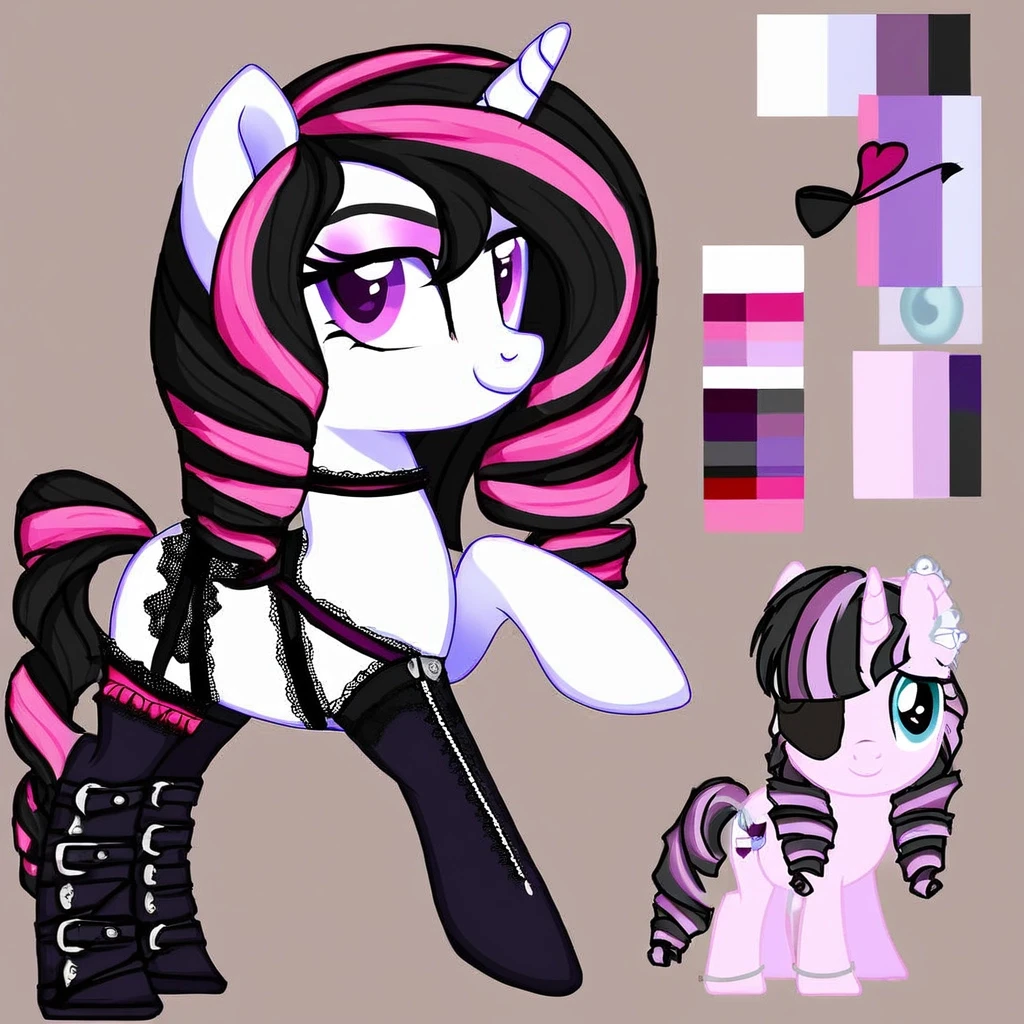 character reference sheet, rating: safe, my little pony, pony, unicorn, one horn, ivory body, soft pink two-color drill curls mane and tail, eyepatch, bows, lace, boots, thigh…