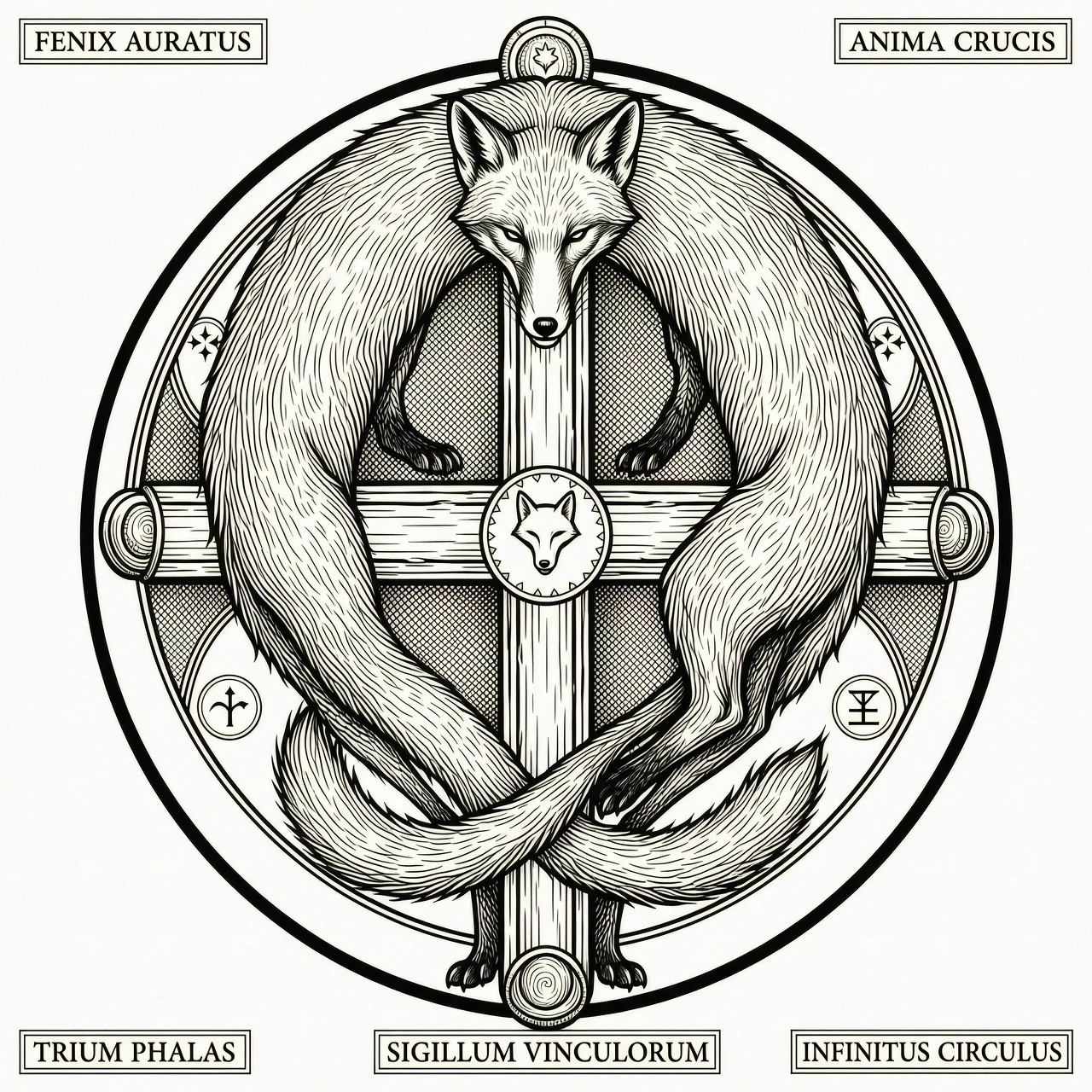 Tattoo flash art, alchemic cross of Flamel, instead of a serpent a cunning fox with three tails is crucified on the cross, the fox's body is elongated and curved to match…