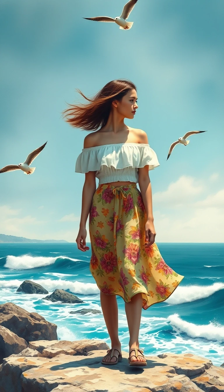 The image is a painting of a young woman walking on a rocky beach. She is wearing a white off-the-shoulder top and a colorful skirt with a floral pattern. Her hair is blowing in…
