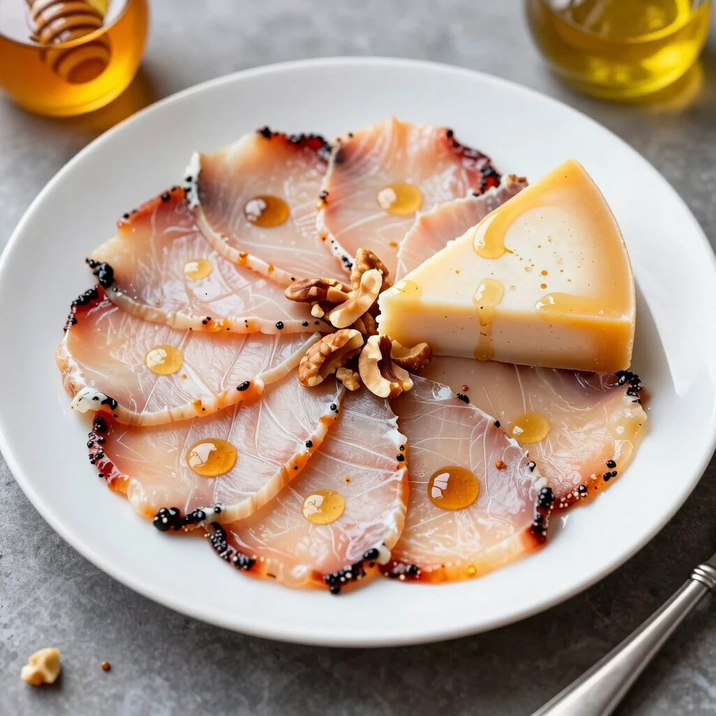 scetch of sliced carpaccho and cheese with honey and nuts on a plate — работа пользователя Роскошный Порыв