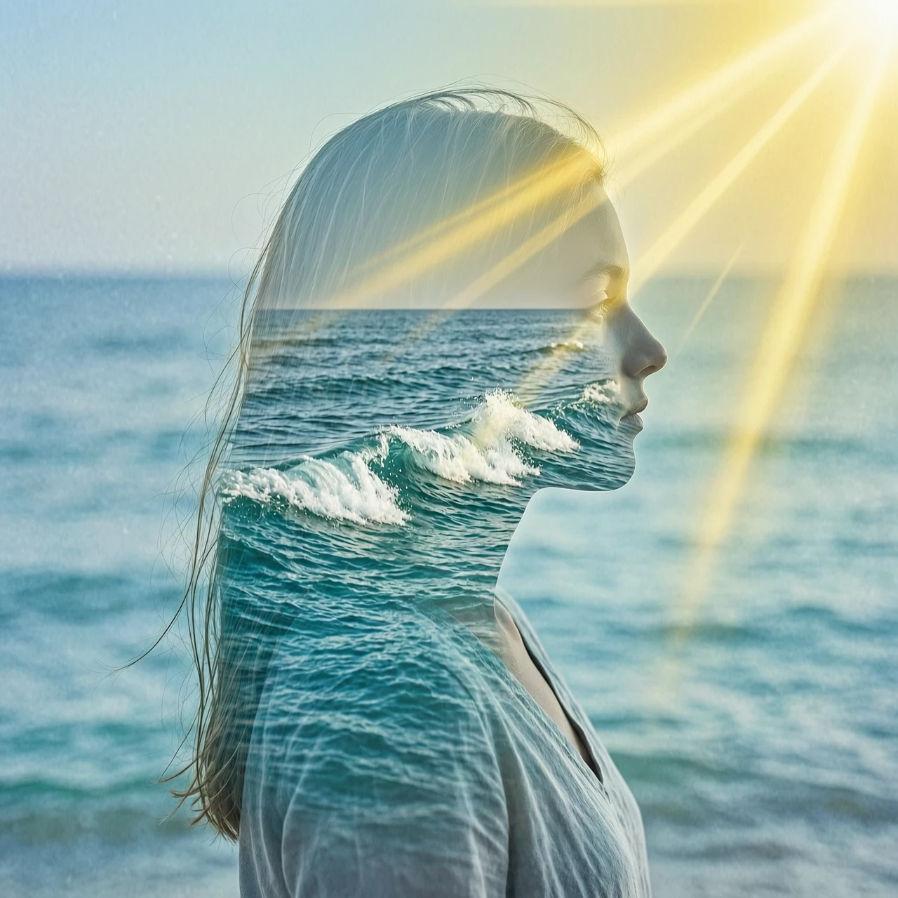 (Double exposure: 1,9). Abstract background (soft colors, marine theme). Seascape (waves, clear water, splashes) inside transparent silhouette of girl's profile. Dissolving…