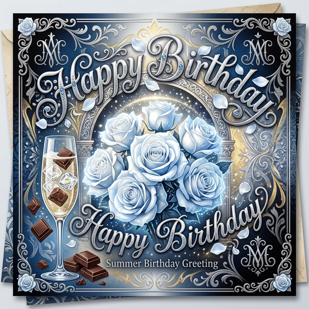 (Crystal tall glass):champagne with ice cubes and chocolate.(Birthday greeting card) Postcard design: blue and black with ((decorated with silver curls, monograms in a summer…