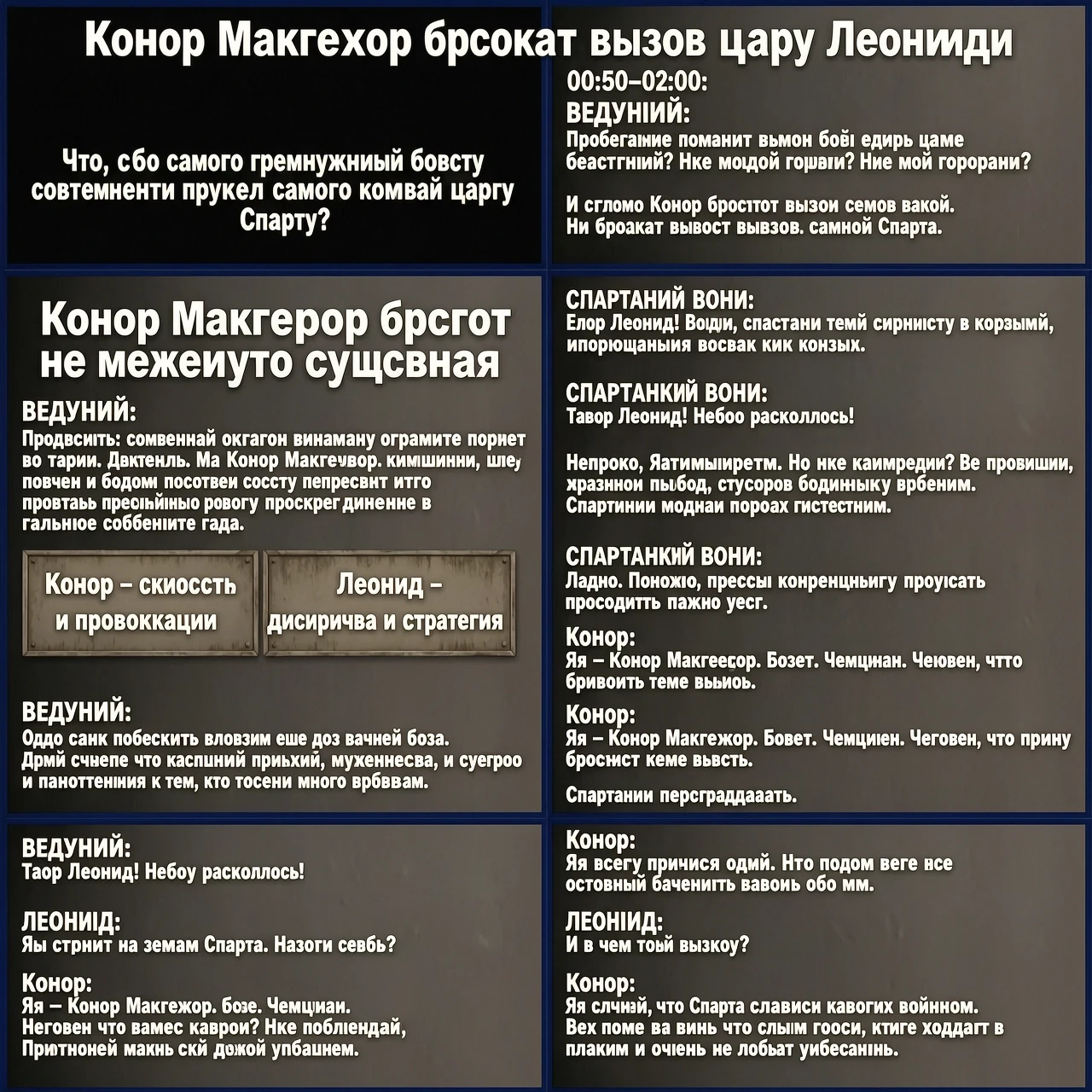 ## Подход к сценарию Это **полностью вымышленный комедийно-приключенческий кроссовер**: реальный Конор Макгрегор встречается с историческим царём Леонидом в фантастической…