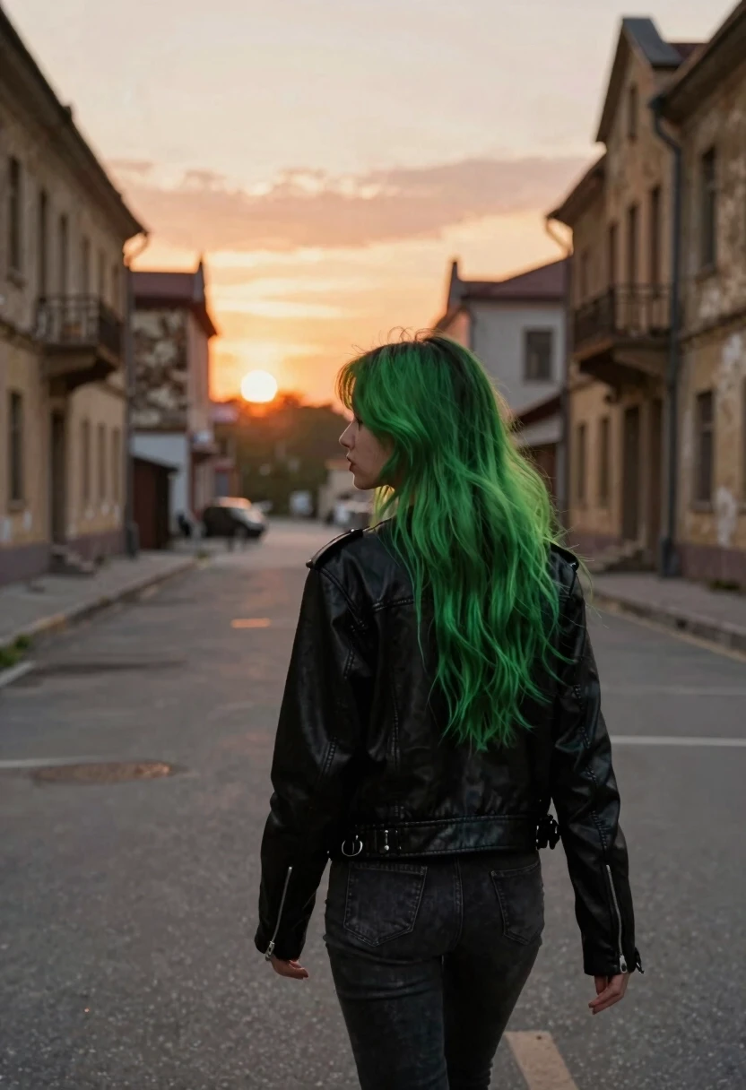A girl with long, fully green hair in a black leather jacket walks through an empty city, old buildings, beautiful sunset, sadness. The girl is seen from behind, slightly to the…