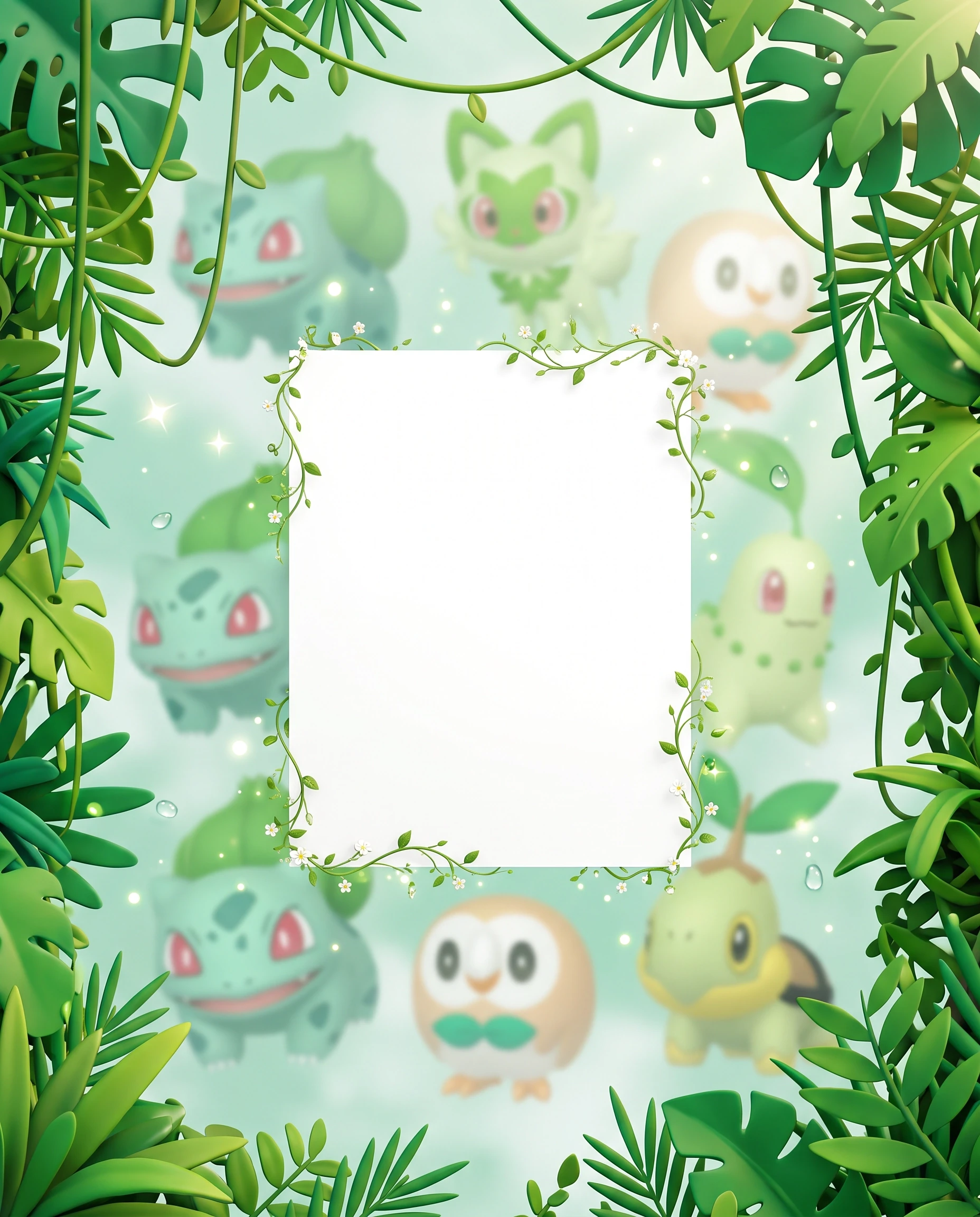 A layered 3D digital illustration for a vertical service card background, portrait orientation. Back layer: various out-of-focus grass-type anime Pokemon characters (Bulbasaur,…