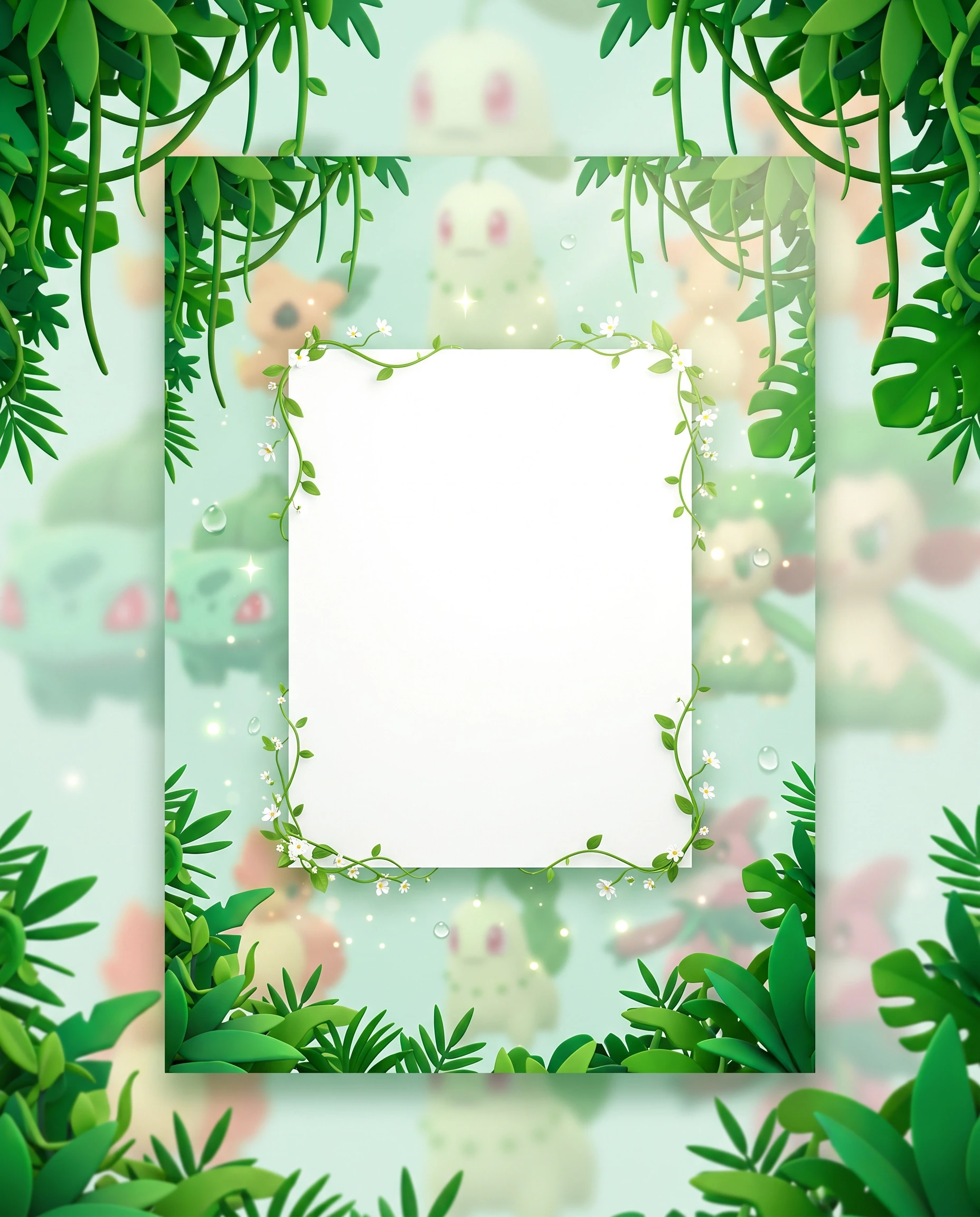A layered 3D digital illustration for a vertical service card background, portrait orientation. Back layer: various out-of-focus grass-type anime Pokemon characters (Bulbasaur,…