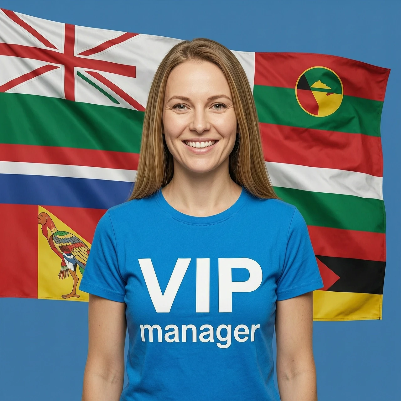 Realistic portrait of a beautiful smiling European woman with long light brown straight hair. She is wearing a bright blue t-shirt with a large white phrase "VIP…