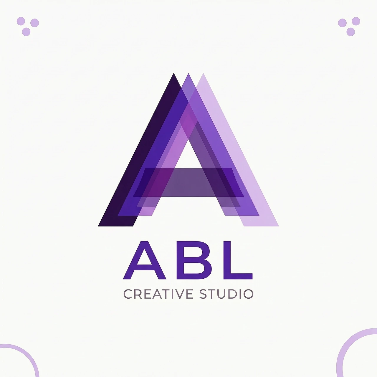 Logo design for a creative studio named ABL. The letter A consists of 4 semi-transparent layers slightly offset from each other to create a parallax-like depth effect. Use…