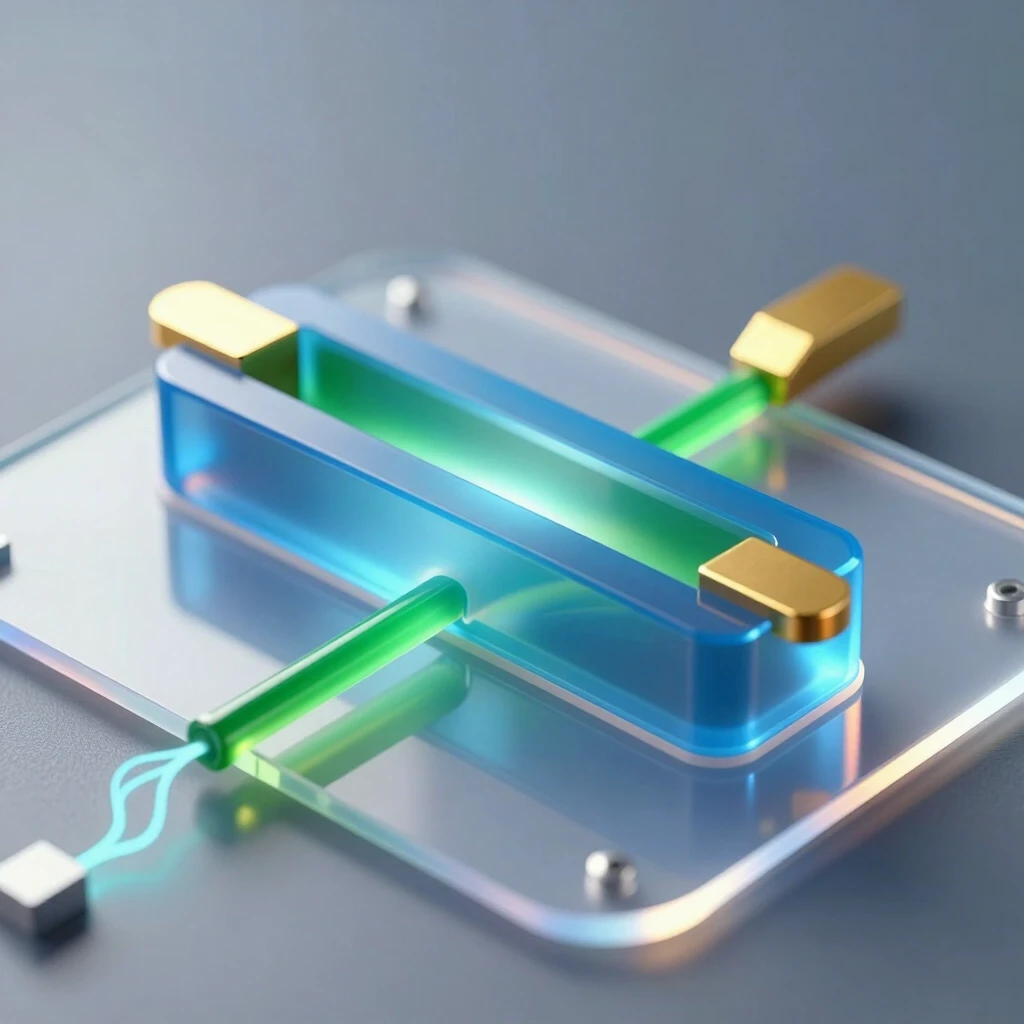 A hyper‑realistic scientific 3D illustration of a single organic field‑effect transistor with a bottom gate and top contacts of the following structure (layers from bottom to…