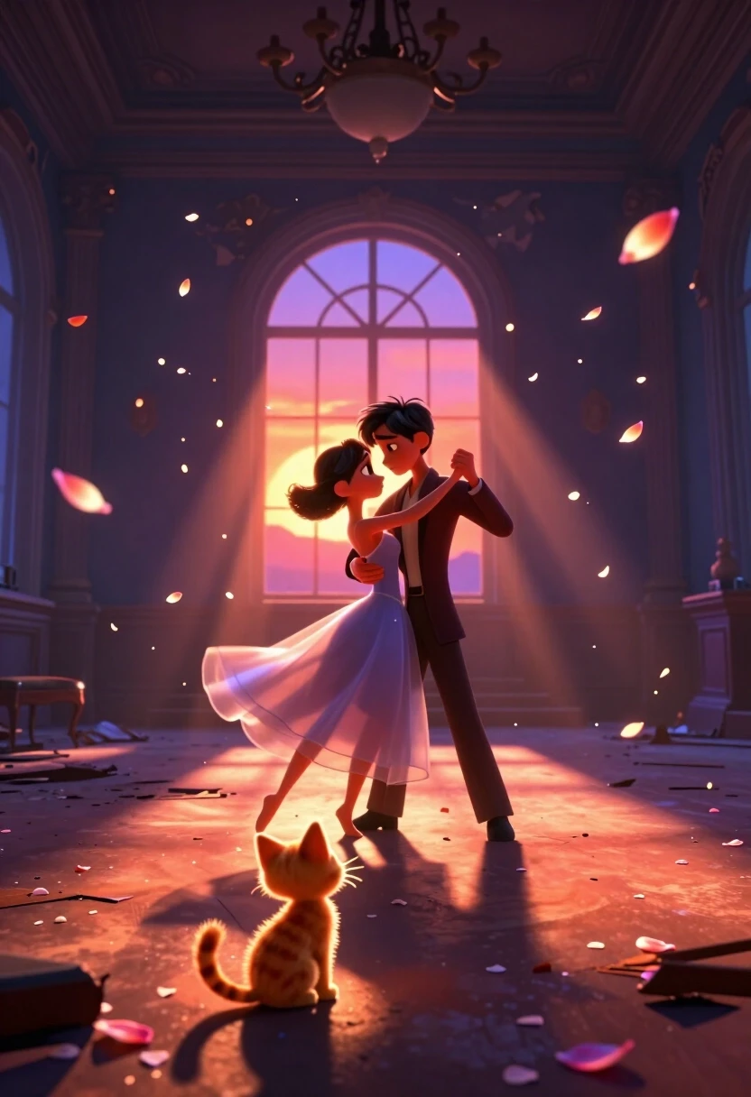 Cinematic 3D animation, Pixar style, 8K, Octane render. A grand, abandoned ballroom with high ceilings and broken chandeliers. In the center of the room, a young couple is…