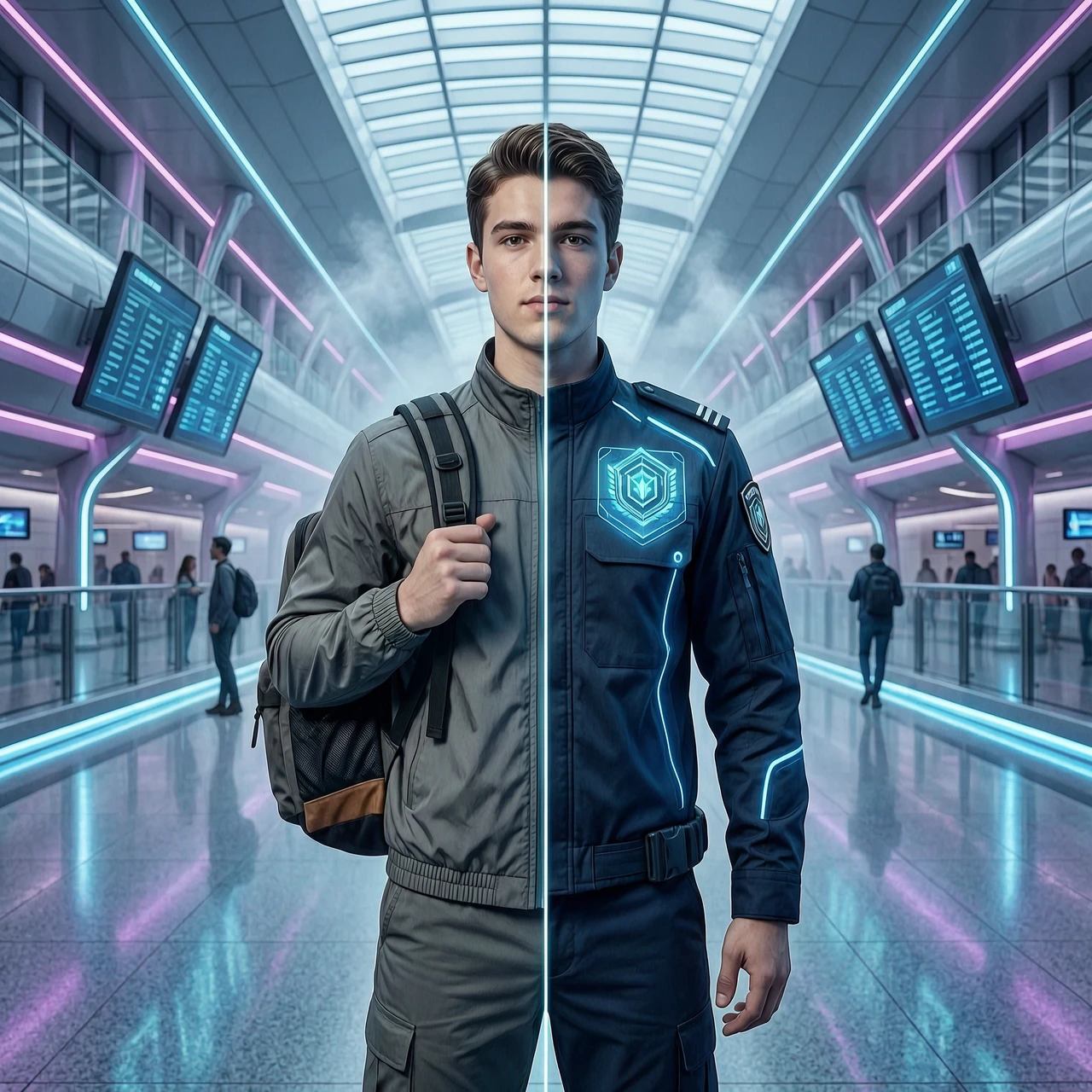 Fut tones. A cinematic medium shot capturing the transformative moment of a college student transitioning into a professional airport security officer. The character, a young…