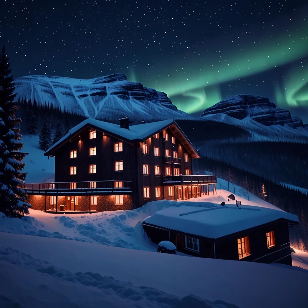 A secluded mountain hotel at night beneath a sky full of stars and the northern lights, soft snowfall, warm lights reflecting on fresh snow, peaceful yet mysterious mood,…