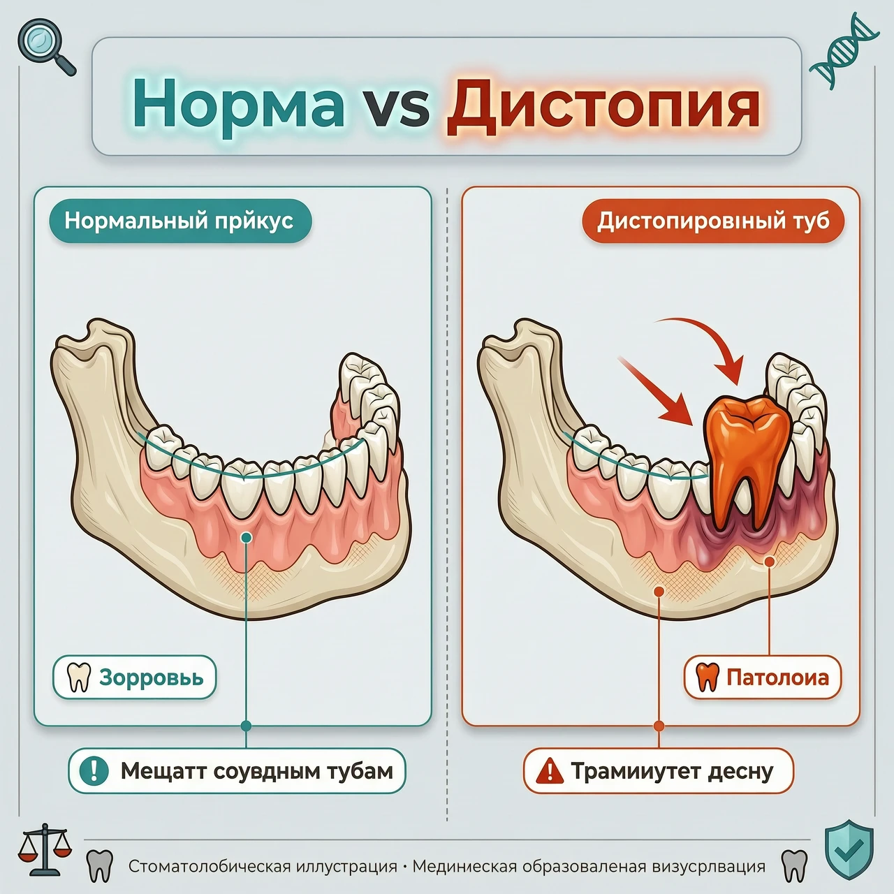 Схема «Норма vs Дистопия»: Два изображения челюсти рядом: слева — правильный прикус, справа — дистопированный зуб (выделен цветом). Подписи: «Мешает соседним зубам», «Травмирует…