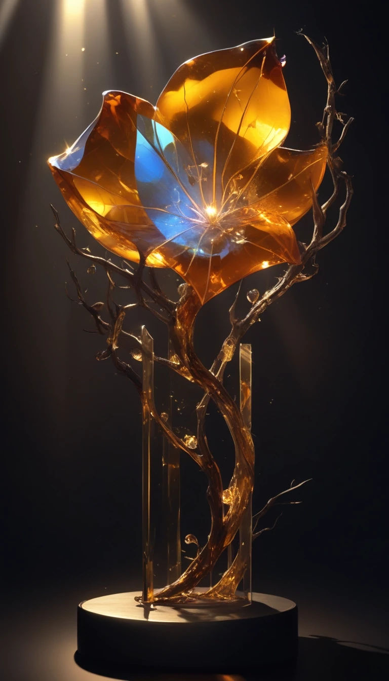 An unusual amber crystal. Exquisite, trypophobic patterns, ultra-modernity. Futurism, eclecticism. The background is dark, with shadows and spectacular lighting. Inside the…