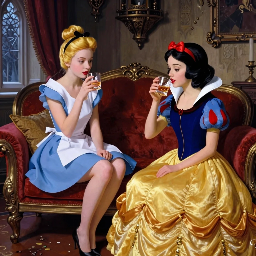 Cute,naked,Cinderella,Alice from Wonderland, Snow White,Belle,drinking whiskey in a room in an English Gothic living room,.style of J Scott Campbell — работа пользователя…
