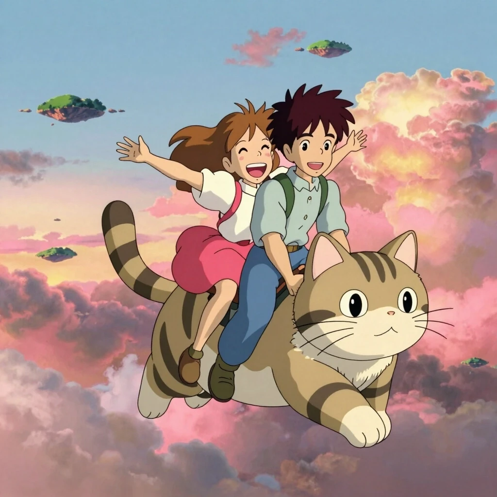 Живая и трогательная сцена в стиле классического аниме студии Гибли (Studio Ghibli style, Hayao Miyazaki). Молодой парень с русыми волосами и девушка с длинными русыми волосами…
