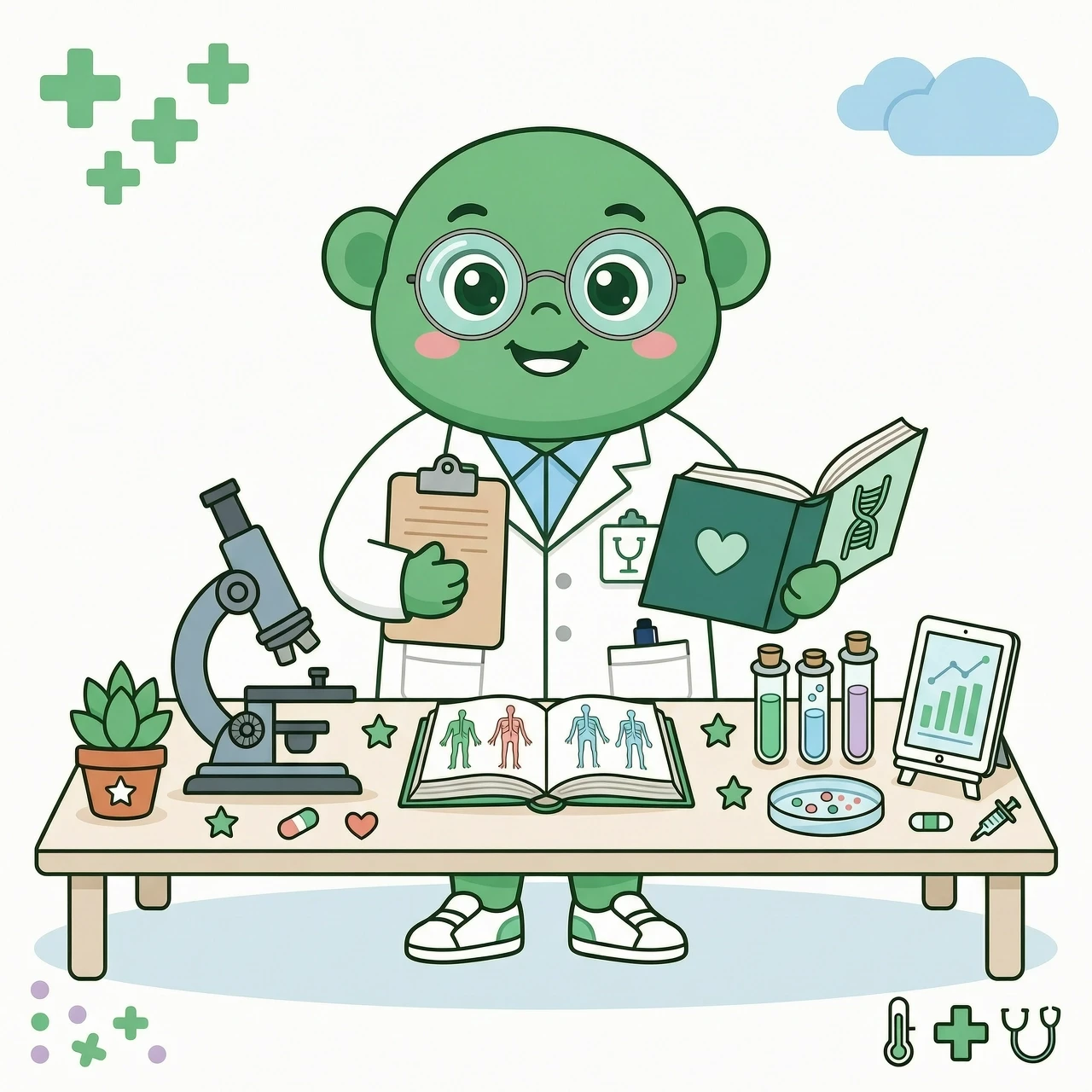 Flat vector illustration, cute green medical mascot character wearing a white doctor's coat and round glasses, standing confidently in front of a medical study desk, holding…