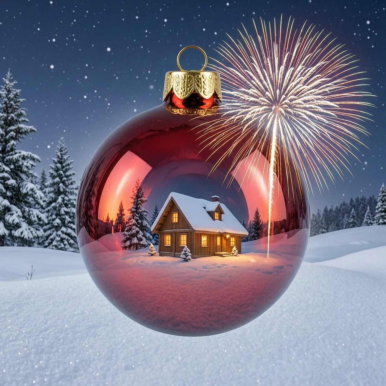 A hyperrealistic digital double exposure artwork for New Year's. Three distinct images are seamlessly blended: the detailed, reflective surface of a red glass bauble, a…