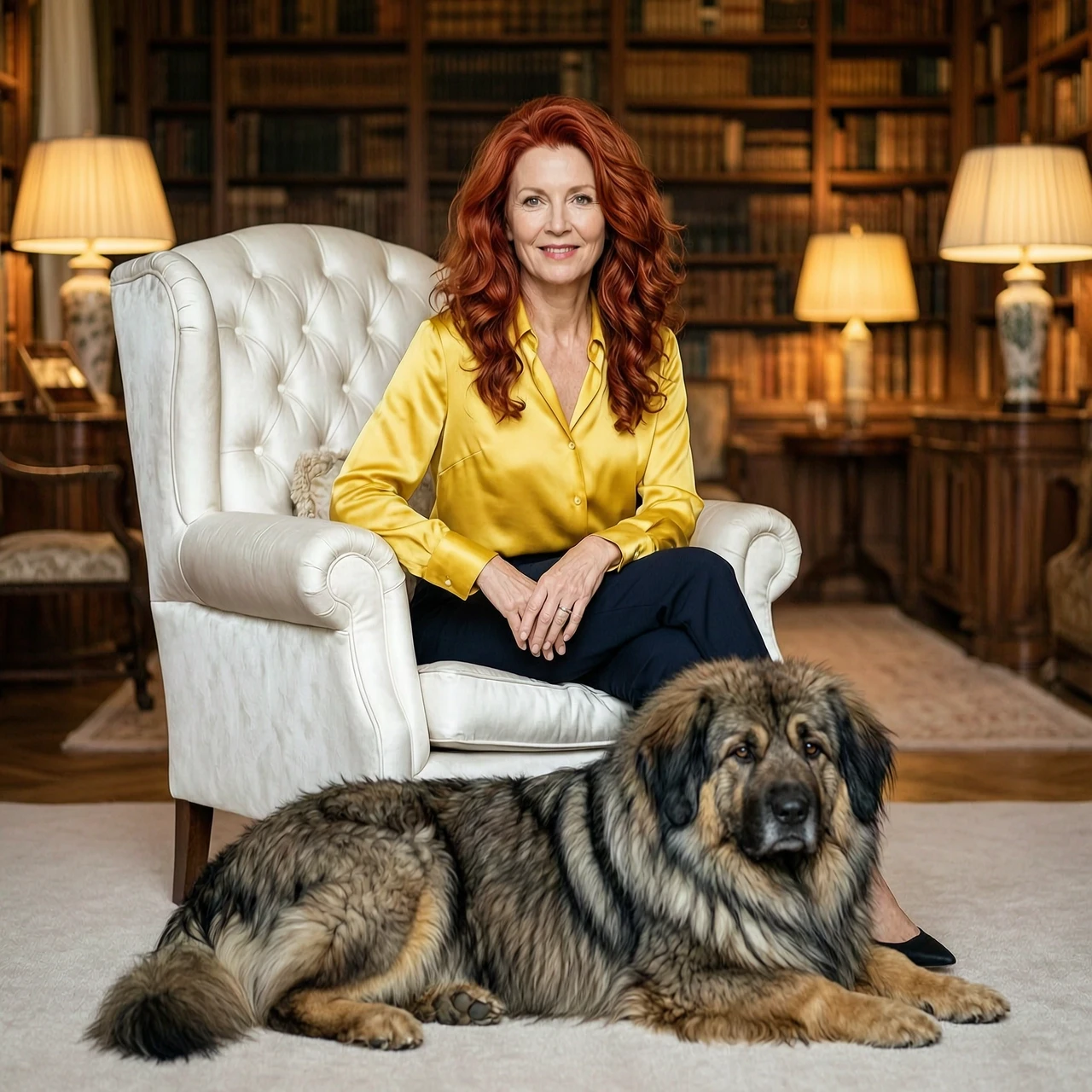 A cinematic full-body portrait of a beautiful 40-year-old woman with vibrant long red hair arranged in elegant voluminous locks. She is wearing a stylish bright yellow silk…