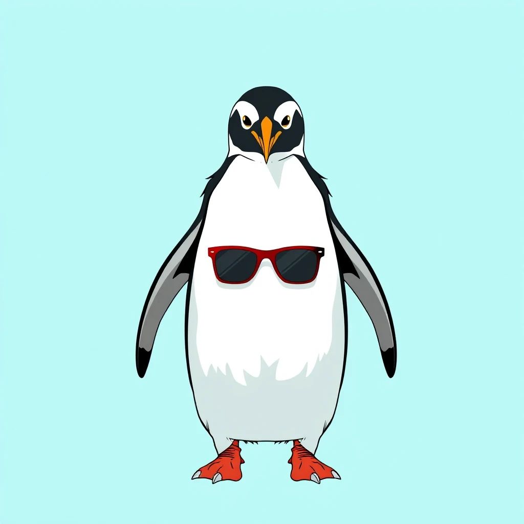 Draw a symmetrical frontal frame in the style of Wes Anderson for the A6 format. In the center is a full—length penguin, he stands straight, compact sunglasses with thin frames…