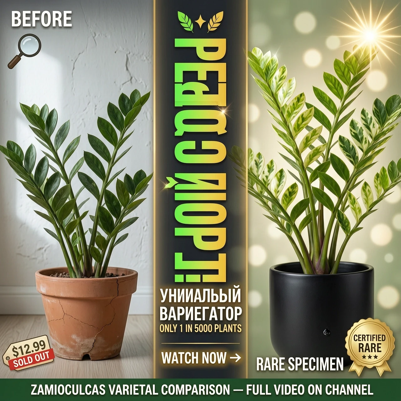 Split-screen comparison layout, 16:9 aspect ratio, professional YouTube thumbnail composition. On the left side: "Before" photo showing a standard, non-variegated…