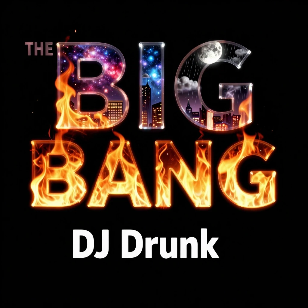 DJ Drunk' (СНИЗУ) THE BIG BANG THEORY (ПО СЕРЕДИНЕ)(используй все слова!) Стиль - фотореализм,АБСТРАКЦИЯ Тона - черные. Шрифт - буквы прозрачные, внутри которых -…