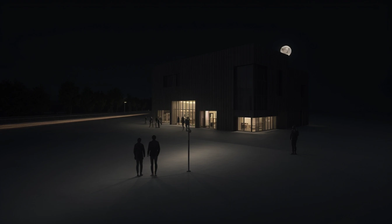 People stand on a bridge in Zaryadye, looking at the stars, 3d render, 4k, behind them is the evening city, silhouettes of houses, — работа пользователя Блестящая Конвекция