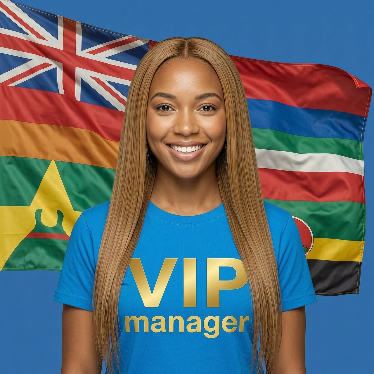Realistic portrait of a beautiful smiling woman with long light brown straight hair. She is wearing a bright blue t-shirt with a large white phrase "VIP manager" logo…