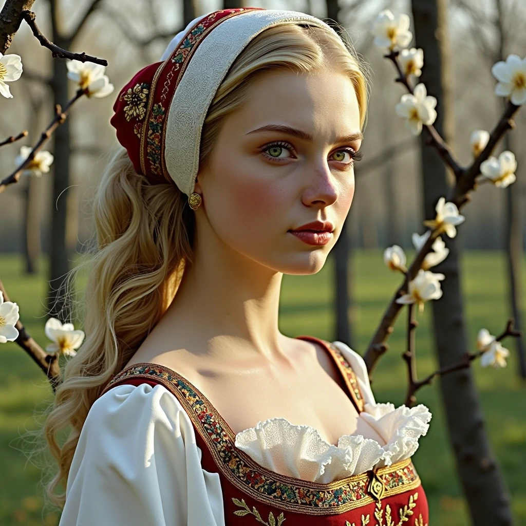 Russian Russians: A detailed portrait of a young woman of Slavic appearance from the 16th century in a traditional long Russian sundress and a traditional Russian cocoanut…