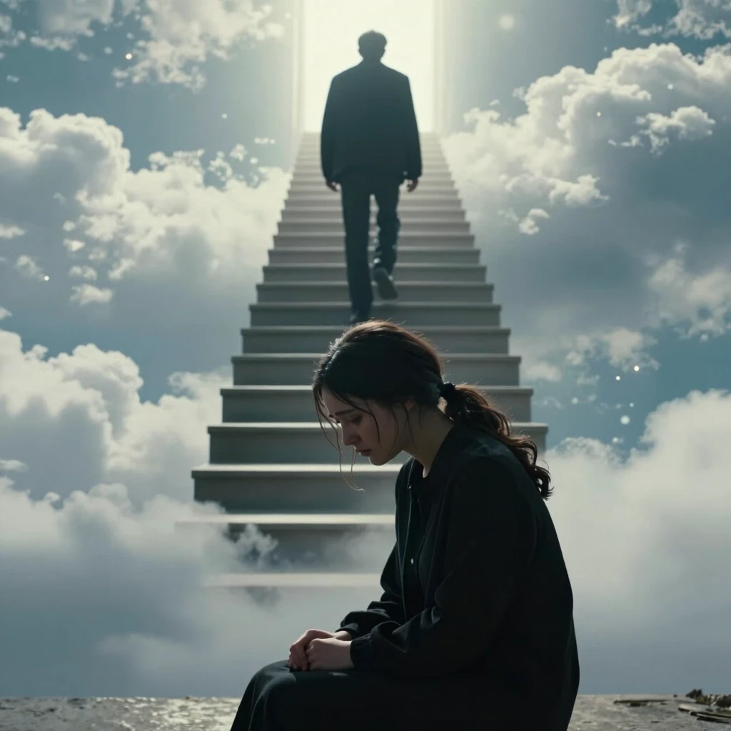 Cinematic shot from a dramatic film. In the foreground, a young woman in black mourning clothes sits in profile, her face expressing deep, silent grief. In the background,…