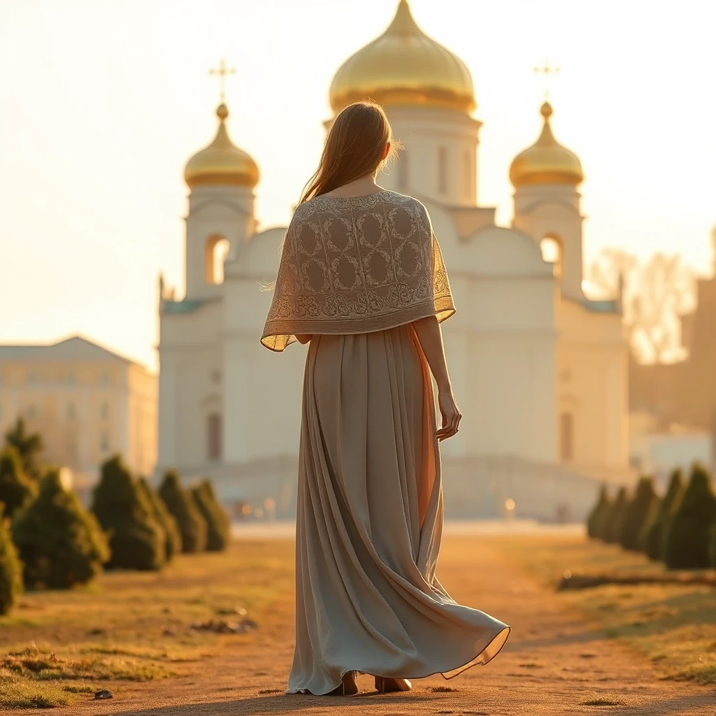 A beautiful woman walking toward a majestic Orthodox church, her figure softly illuminated by warm golden light. She wears a beautiful long floor-length dress made of…
