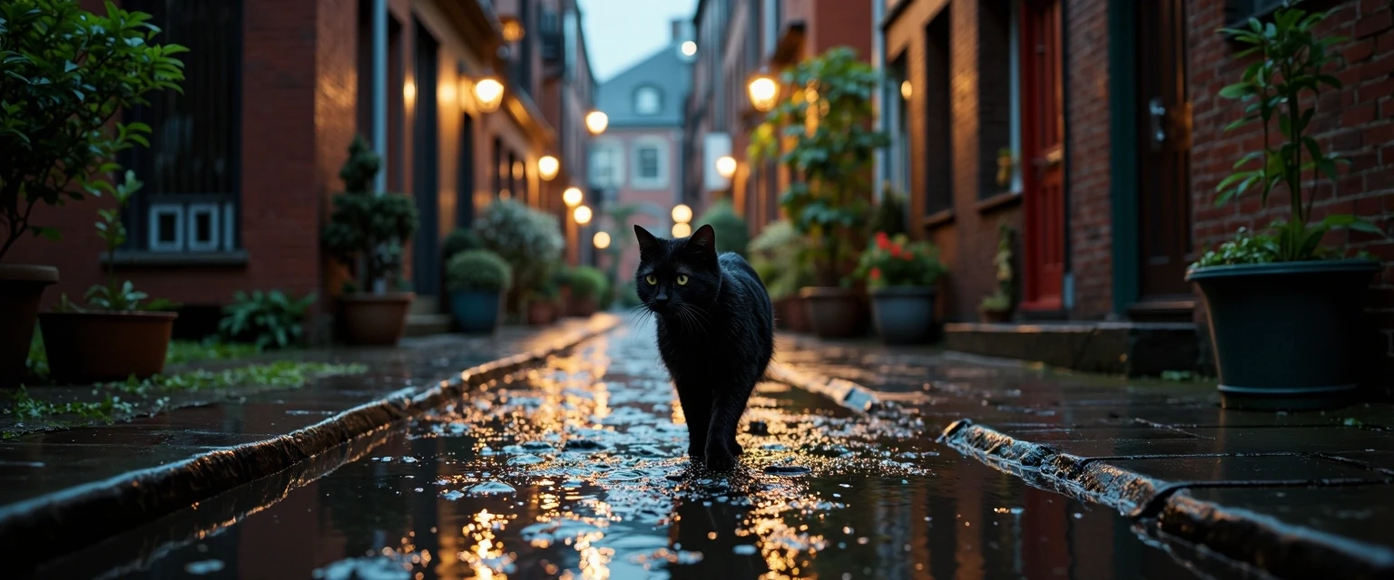 Photorealistic photo of a black cat walking through urban courtyards in the rain, wet fur, raindrops, puddles with reflections, dim street lights, evening, moody atmosphere,…