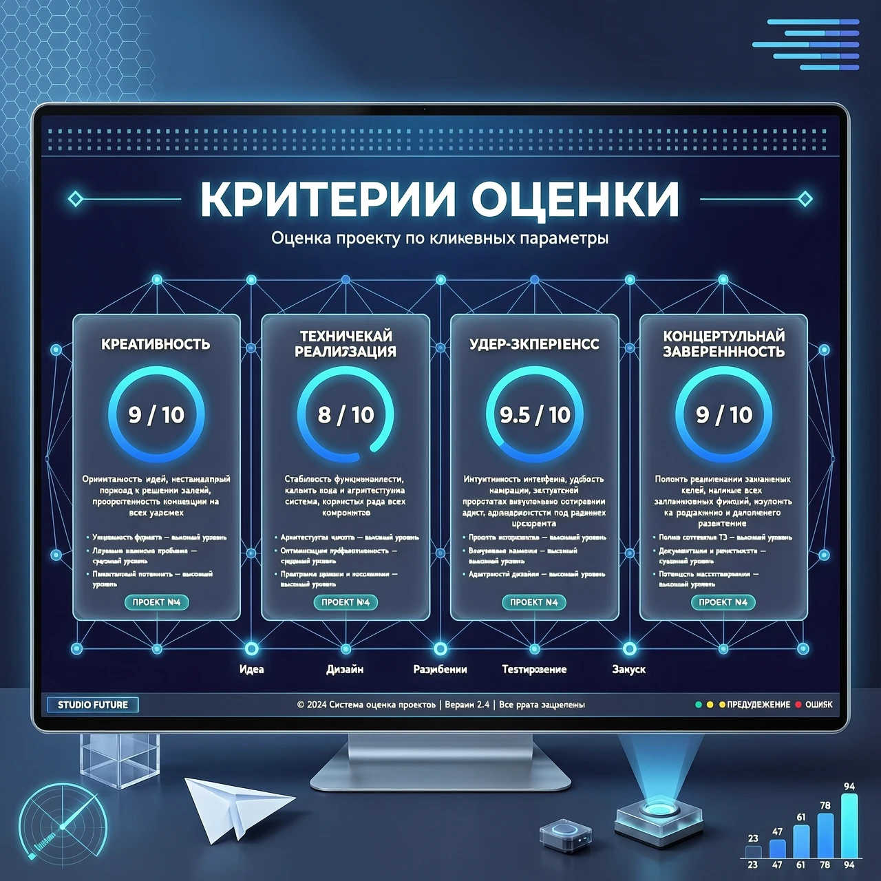 создай картинку для презентации критерии оценки в современном стиле будущего в синих тонах — работа пользователя Интеллектуальный Прибой