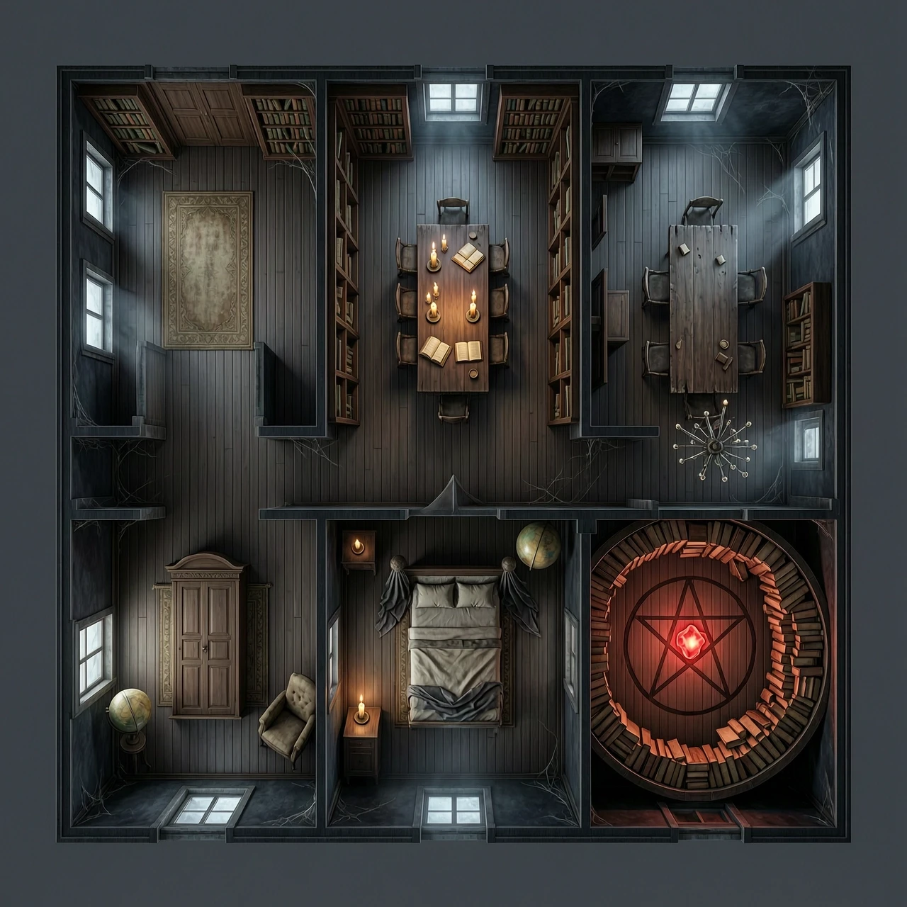 Photorealistic 3D architectural rendering, strict top-down 90-degree overhead view, looking straight down at a massive dark haunted gothic library mansion. The layout shows a…