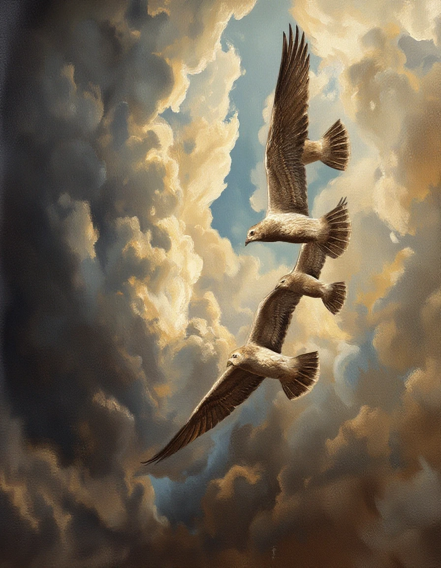 A masterpiece. Oil painting. Birds flying in a wedge formation in the sky. Increased attention to small details. Close-up. Danish angle. Octave filter. High resolution. 8K.…