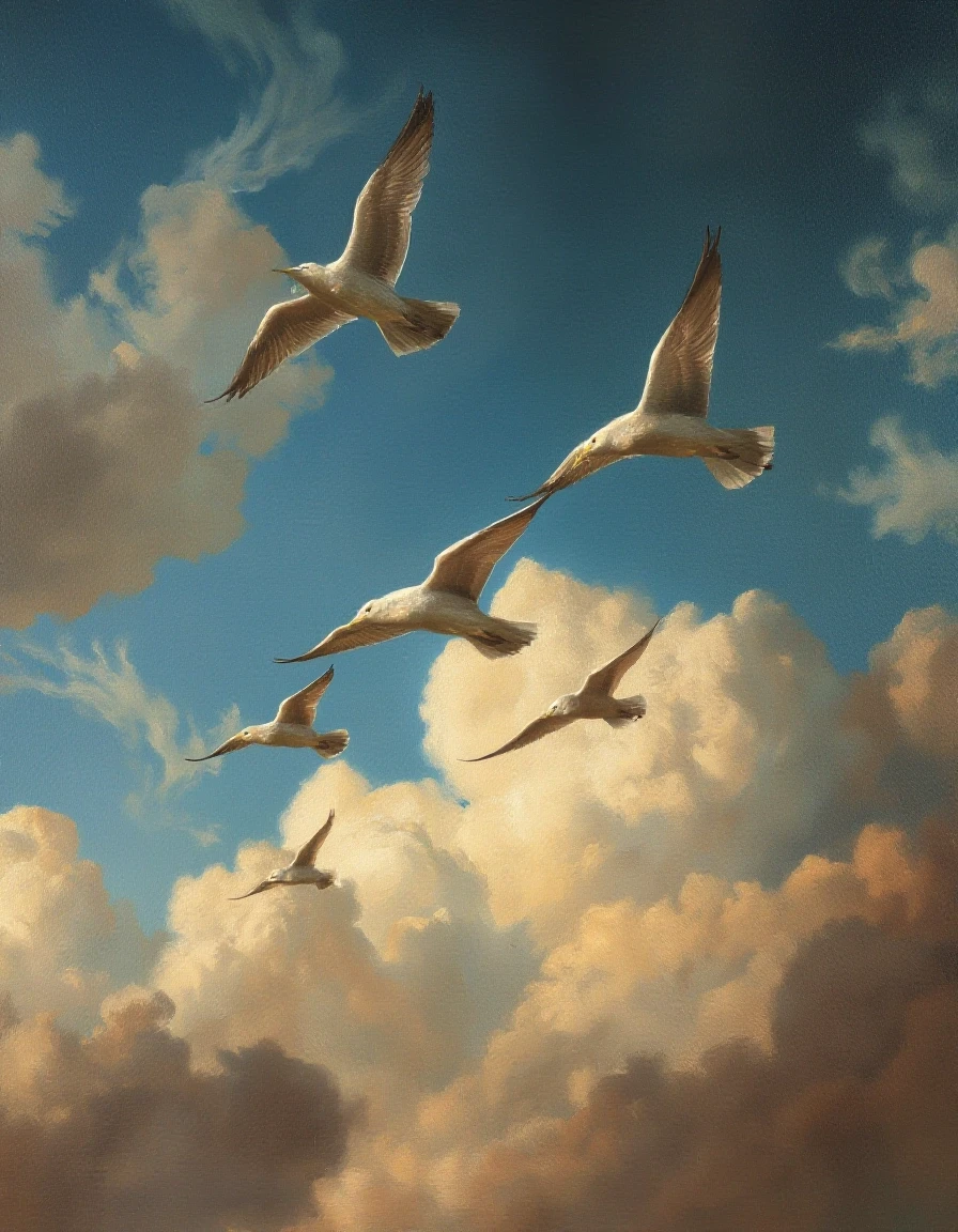 A masterpiece. Oil painting. Birds flying in a wedge formation in the sky. Increased attention to small details. Close-up. Danish angle. Octave filter. High resolution. 8K.…