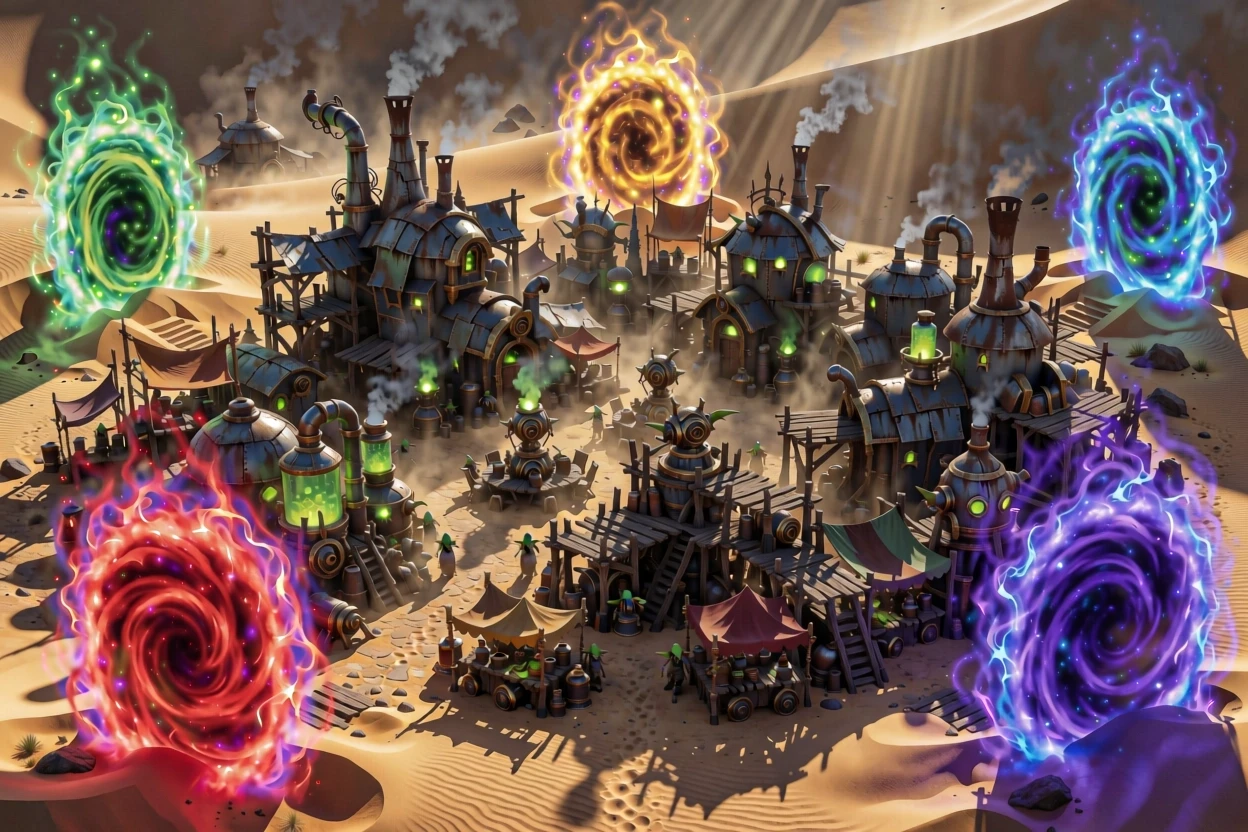 A sprawling, chaotic goblin settlement inspired by Gadgetzan from World of Warcraft, characterized by makeshift scrap-metal architecture, rickety wooden scaffolding, and…