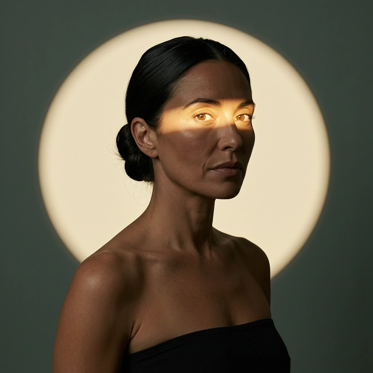 Photorealistic 3:4 portrait of a woman with dark hair in a low bun, black strapless top, dark green-gray background. Large warm cream circular spotlight behind her. A narrow…