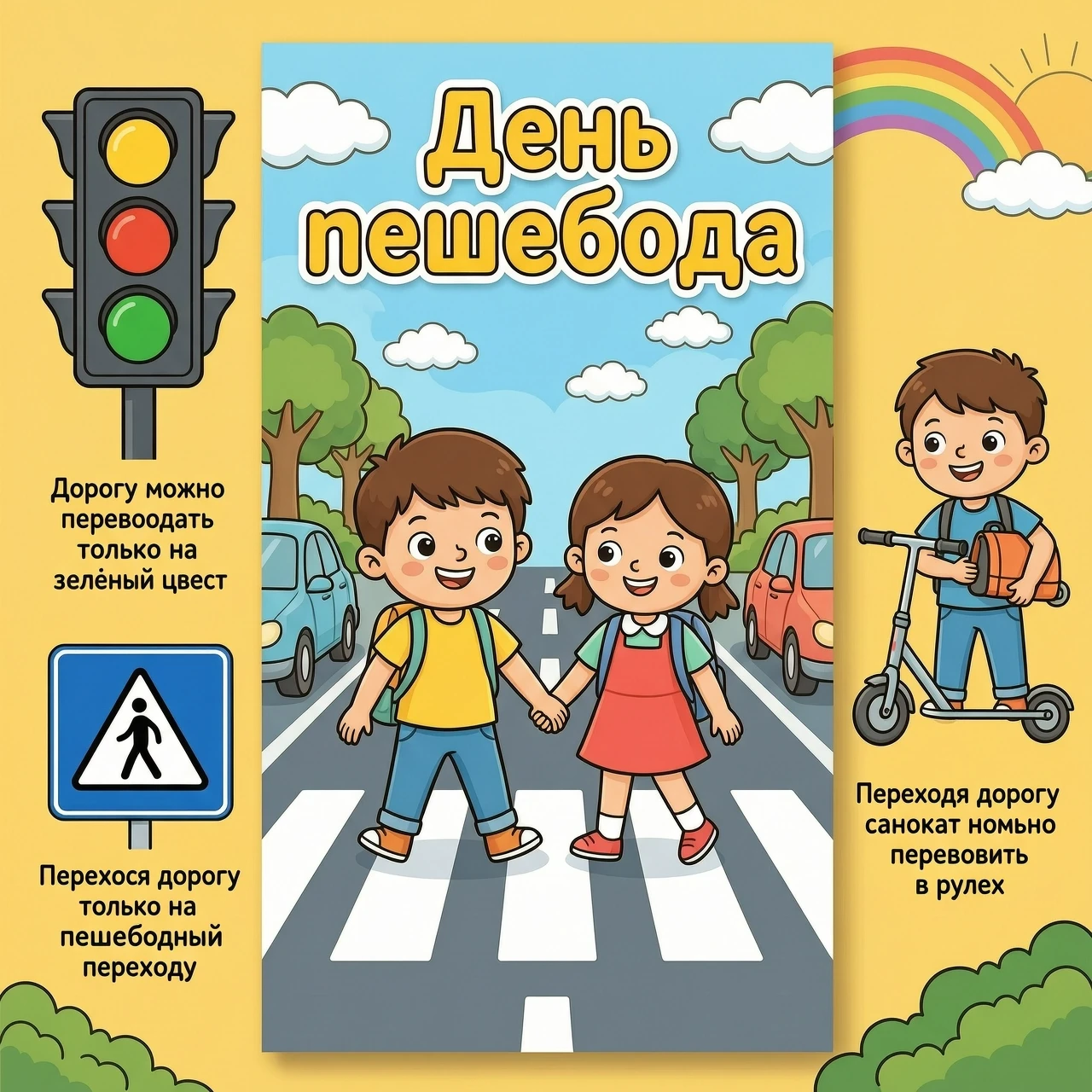 # 🚸 Инфопостер «День пешехода» **Техзадание на отрисовку** (мультяшный рисованный стиль, для детей) --- ## Общее описание Яркий вертикальный информационный плакат для детей…