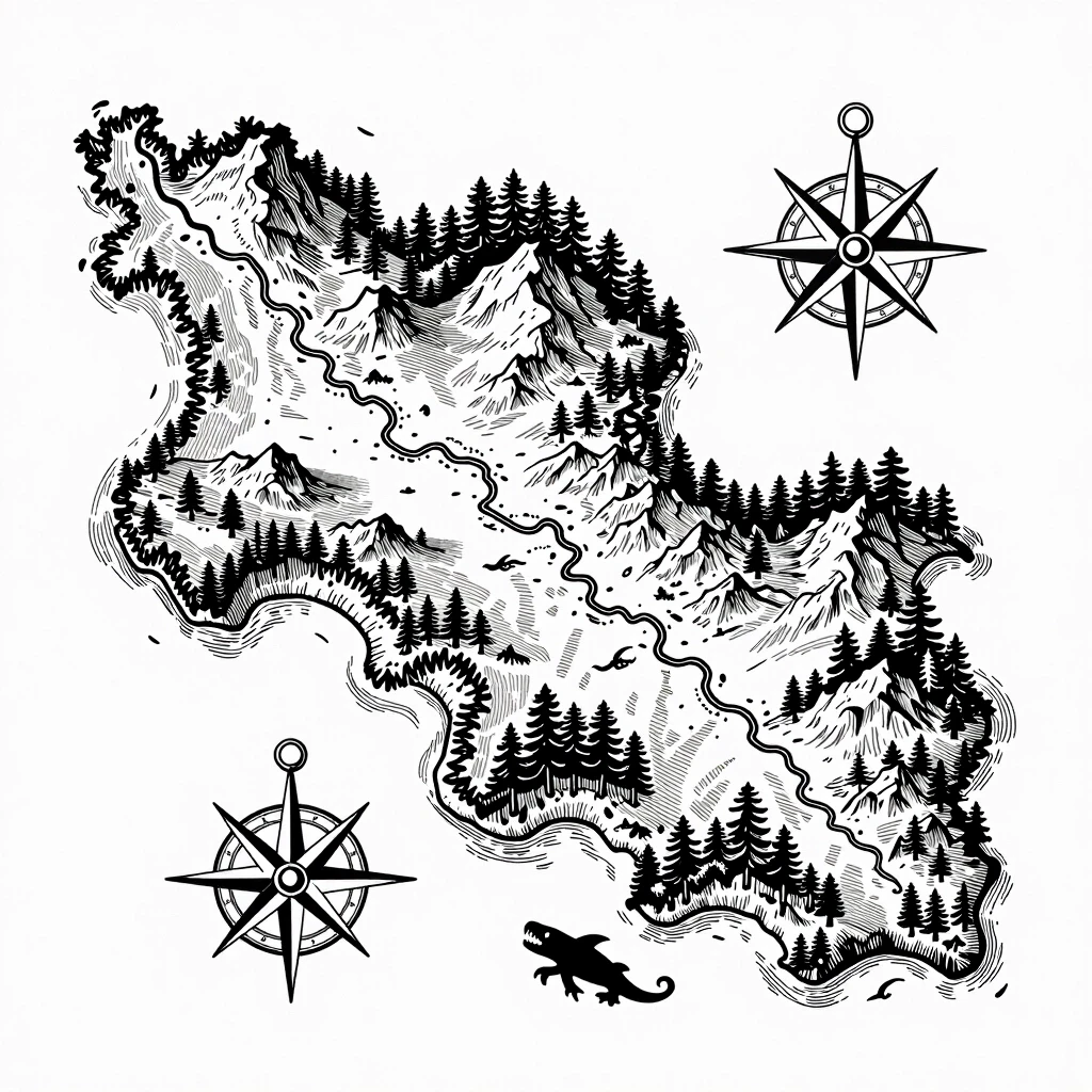 Vintage nautical map, detailed line art vector design, Tainted Grail style. Flat top-down overhead view of a dark fantasy island. Intricate vintage engraving style with fine…