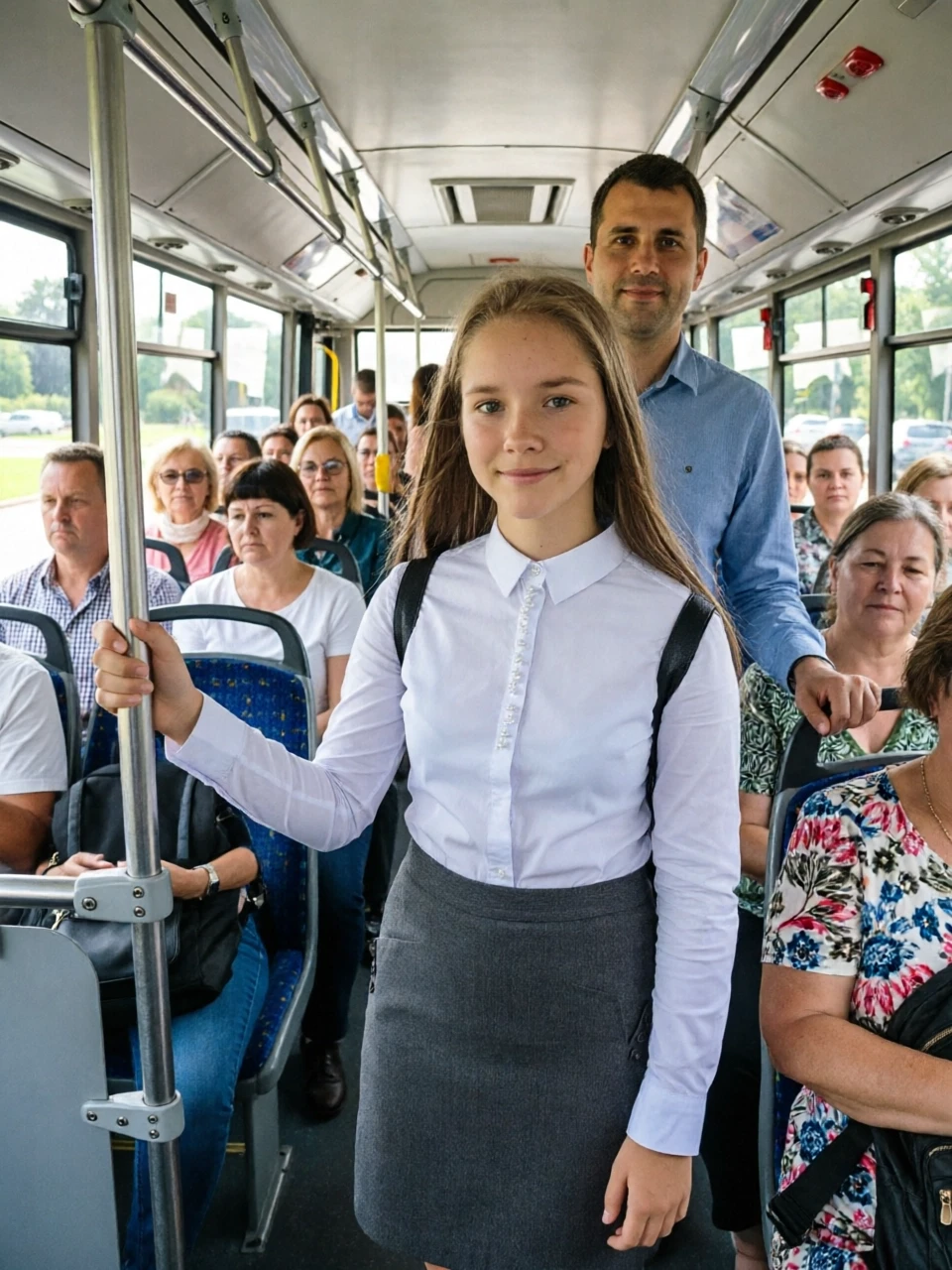 Девушка едет в автобусе стоя держится за поручень полного людьми сзади нее стоит мужчина много людей стоит удалить цветы — работа пользователя Безграничная Волна