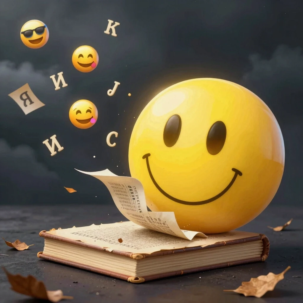 A conceptual illustration. A giant, translucent yellow smiley face is crushing a small, old Russian book, whose pages are flying away like leaves. From the pages, beautiful…