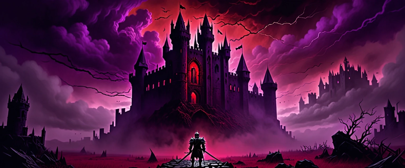 Dark fantasy gaming YouTube banner background, gothic ruined castle under a stormy blood-red and purple sky, mystical glowing fog, epic mood, detailed silhouette of a knight in…